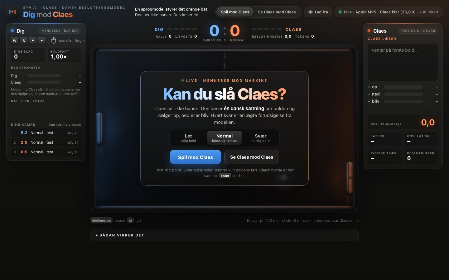 Pong mod Claes: startkortet «Kan du slå Claes?» med valg af sværhedsgrad
